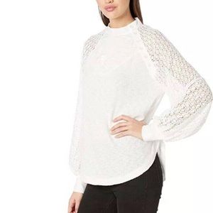 Free People Sweetest Thing Thermal Top Mock Neck Sheer Lace Long Sleeves Ivory